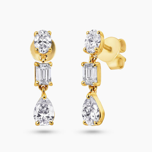 18ct yellow gold emerald, oval and pear shaped diamond drop earrings