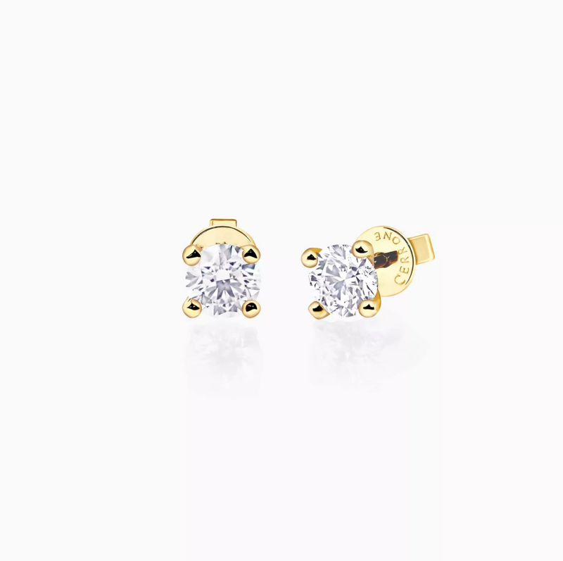 18ct yellow gold round brilliant cut diamond solitaire stud earrings in a four claw setting