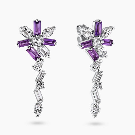 18ct white gold diamond and baguette purple sapphire drop earrings