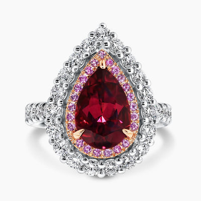 18ct rose gold and platinum pear shaped rubelite, pink sapphires and diamond ring
