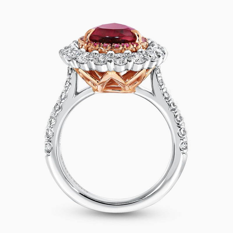 18ct rose gold and platinum pear shaped rubelite, pink sapphires and diamond ring side profile