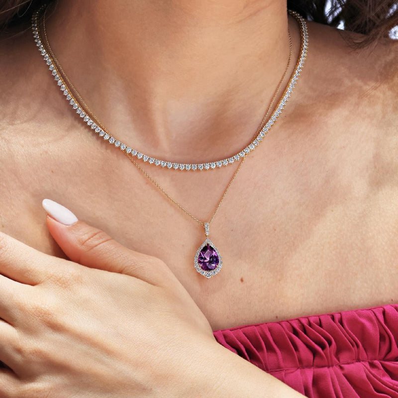 18ct yellow gold pear amethyst and diamond set necklace on the neck