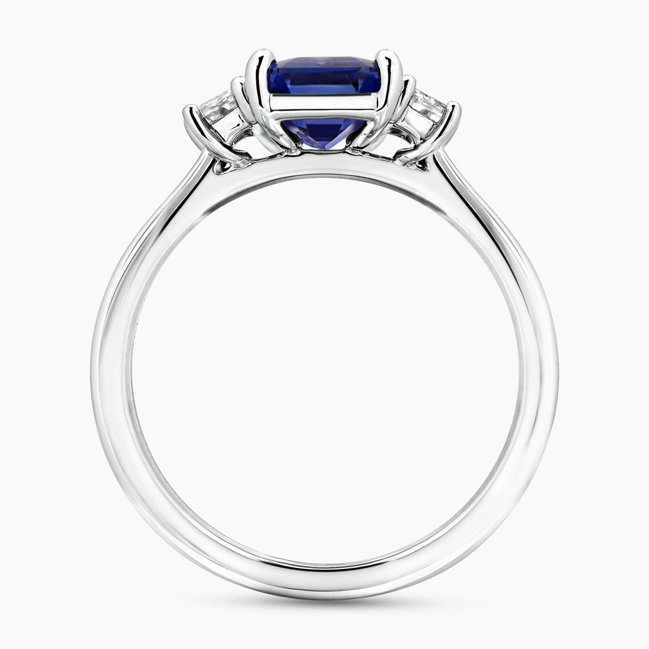 18ct white gold emerald cut blue sapphire and tapered baguette diamonds set ring