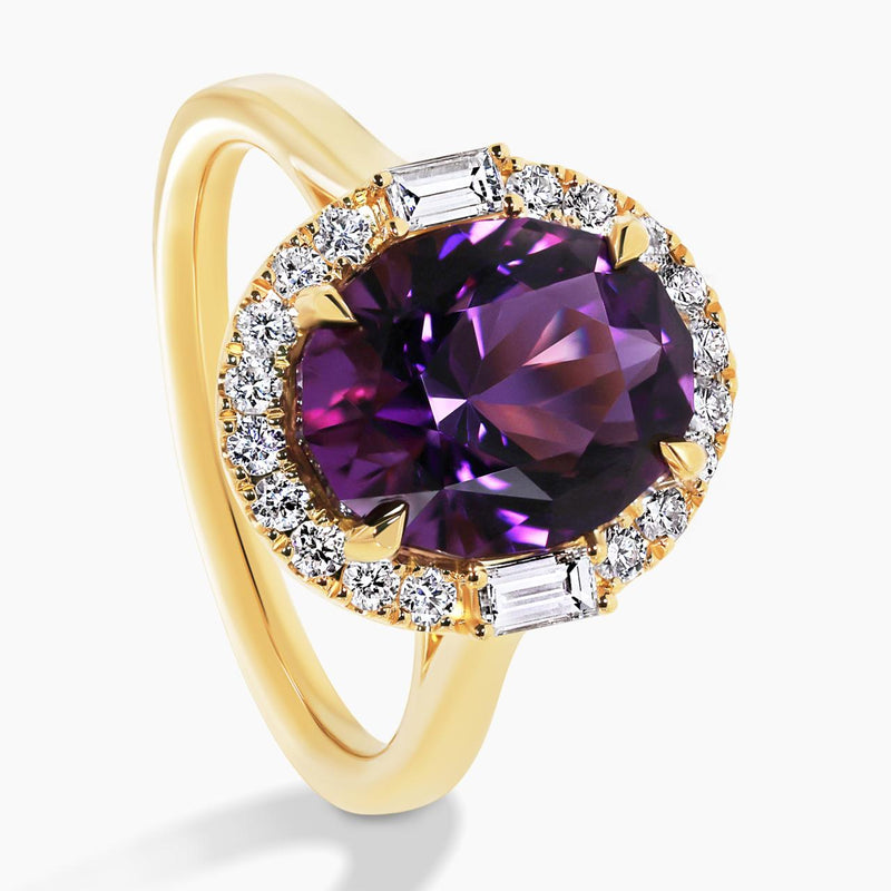 18ct yellow gold oval amethyst and diamond set ring side view