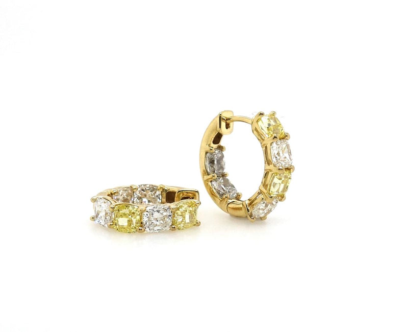 18ct yellow gold fancy intense yellow and white cushion cut diamond hoop earrings