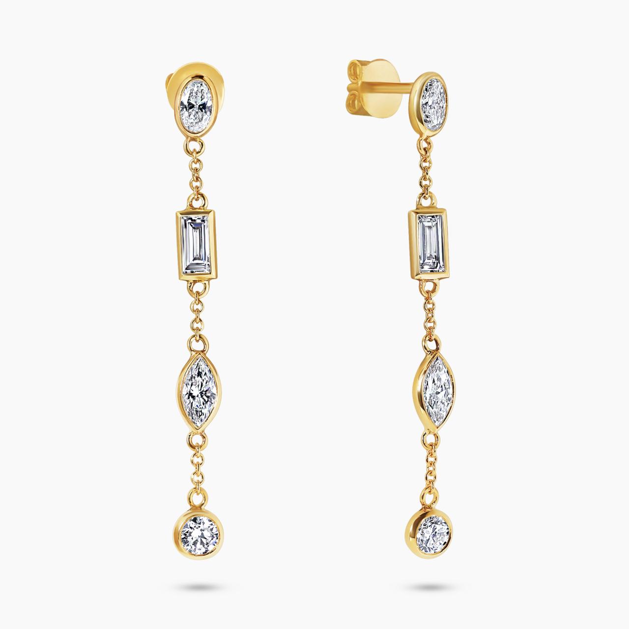 18ct yellow gold baguette, oval and round LAB Grown Diamond bezel set drop earrings