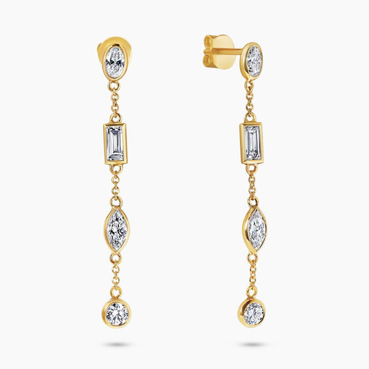 18ct yellow gold baguette, oval and round LAB Grown Diamond bezel set drop earrings