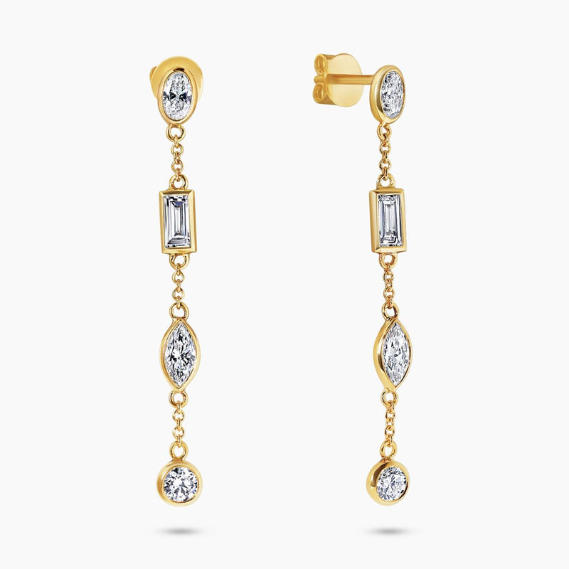 18ct yellow gold baguette, oval and round LAB Grown Diamond bezel set drop earrings
