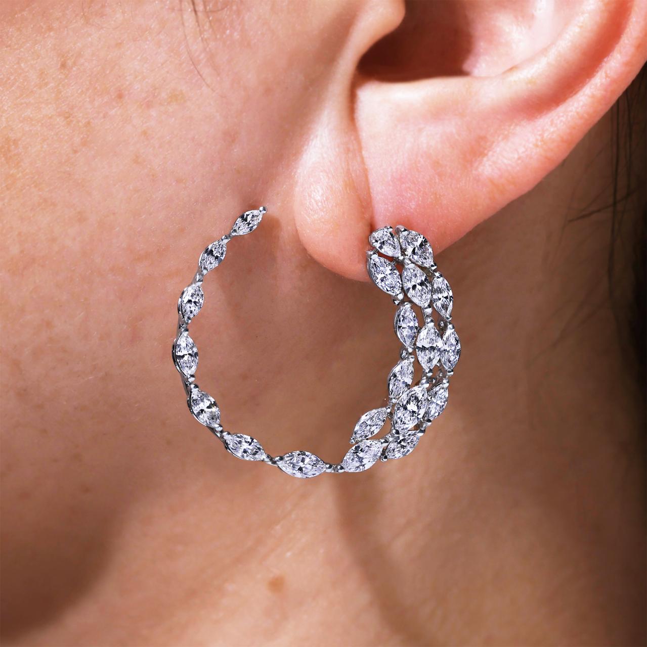 18ct white gold pear and marquise shaped diamond hoop  earrings
