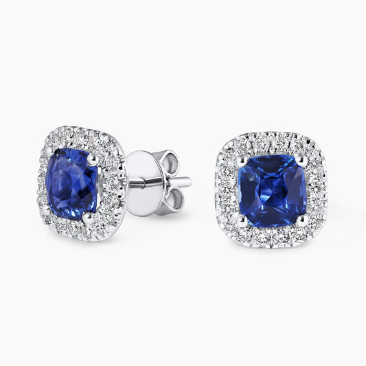 18ct white gold unheated cushion cut blue sapphires and diamond stud earrings