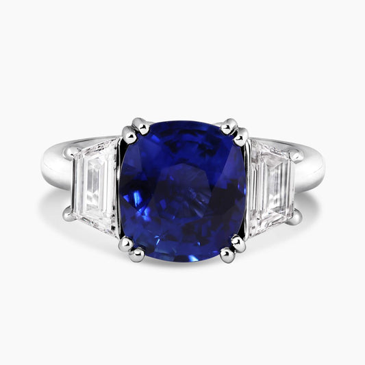 18ct white gold cushion cut Ceylon sapphire and trapezoid step cut diamond ring