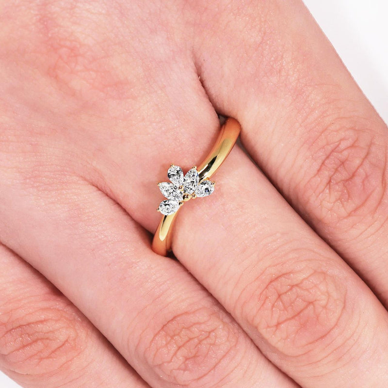 18ct yellow gold pear and marquise shaped LAB Grown diamond ring on the finger