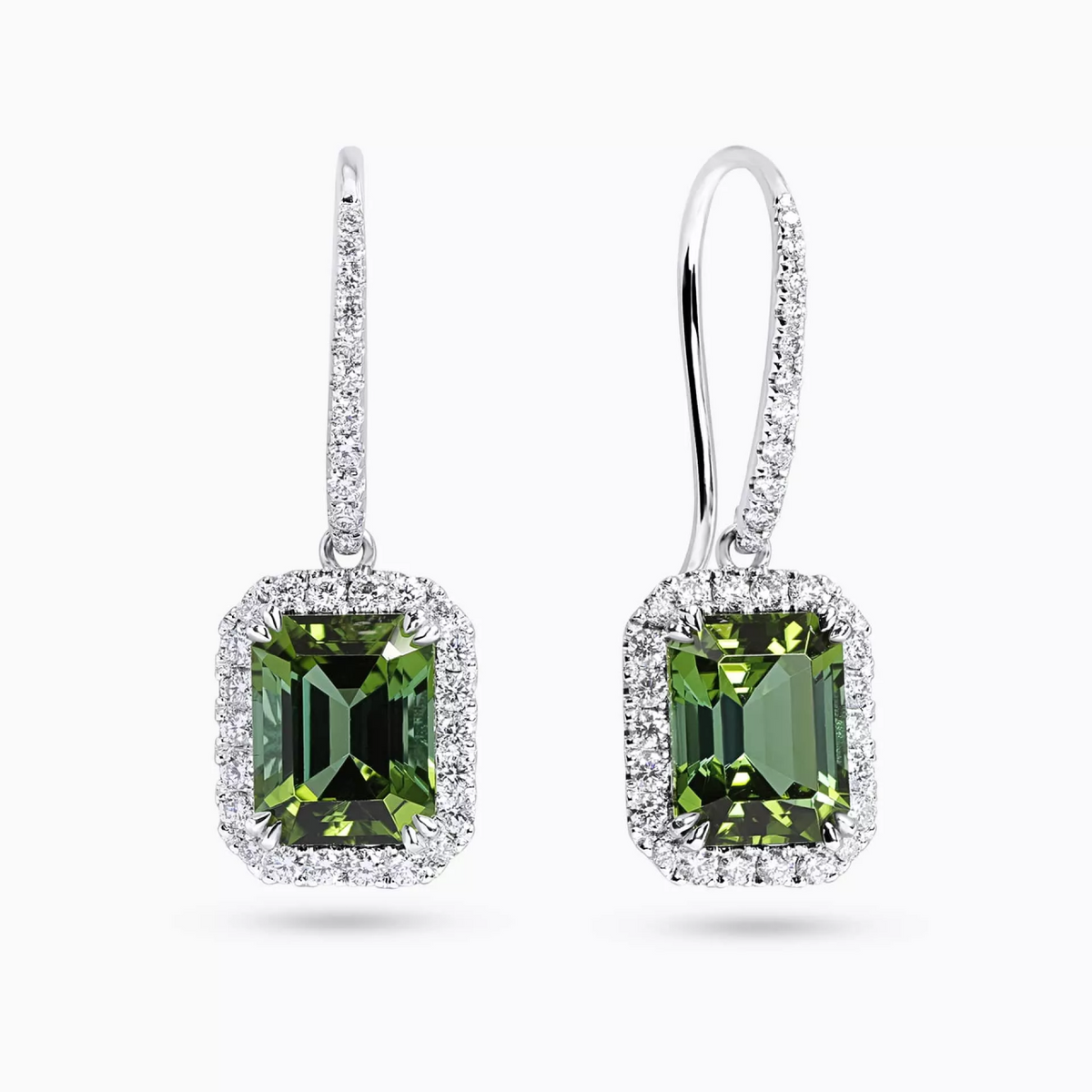 18ct white gold 2=3.30ct emerald cut Brazilian green tourmalines and diamond drop earrings