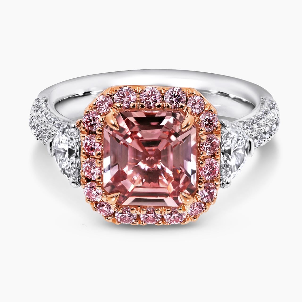 Platinum and 18ct rose gold 2.36ct octagonal step cut unheated Sri Lankan natural orange-pink Padparadscha sapphire and Argyle Pink diamonds ring