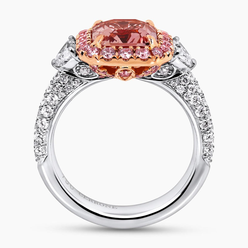Platinum and 18ct rose gold octagonal step cut unheated Sri Lankan natural orange-pink Padparadscha sapphire and Argyle Pink diamonds ring side profile