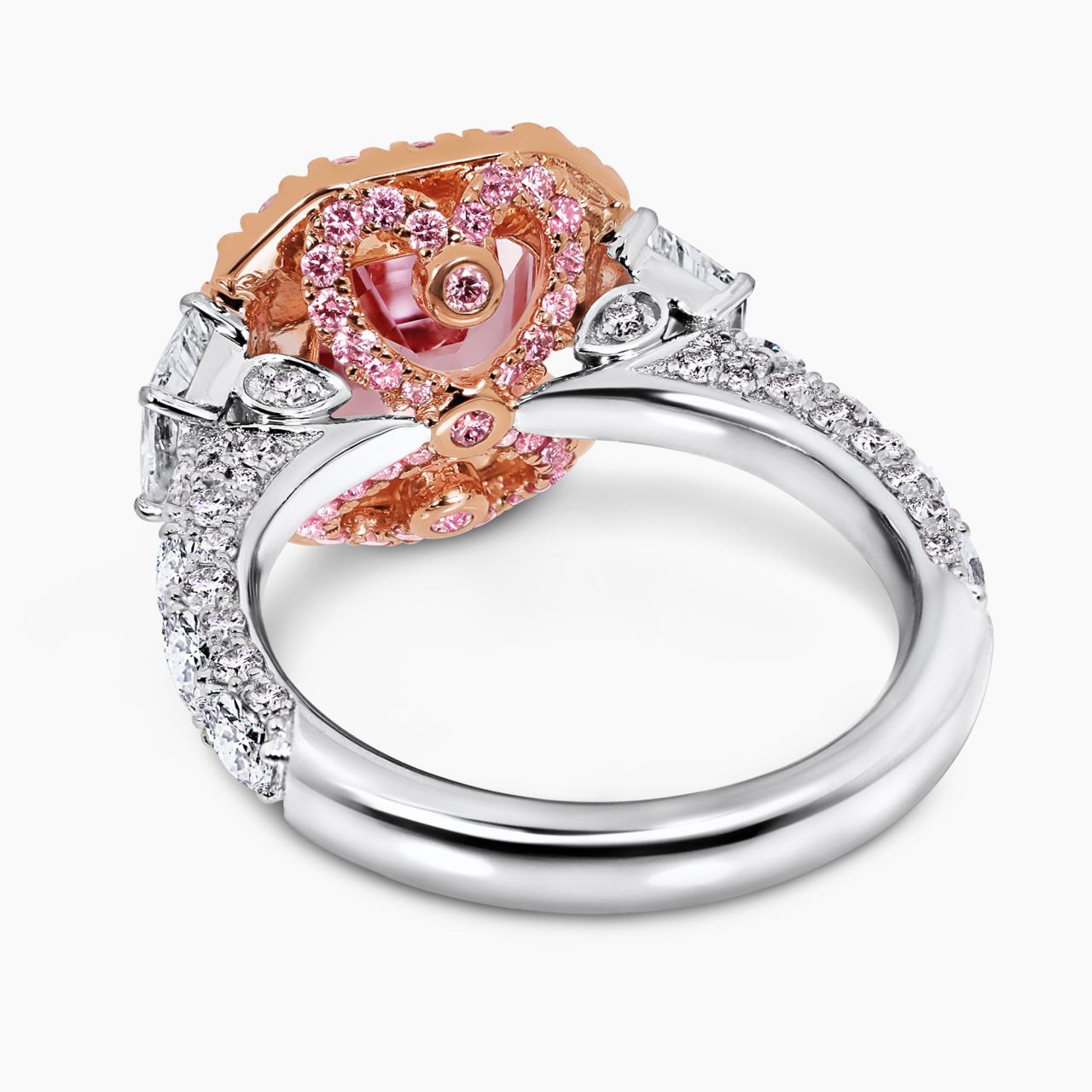 Platinum and 18ct rose gold 3.18ct octagonal step cut natural pink Madagascan Padparadscha unheated sapphire and Argyle Pink diamond ring