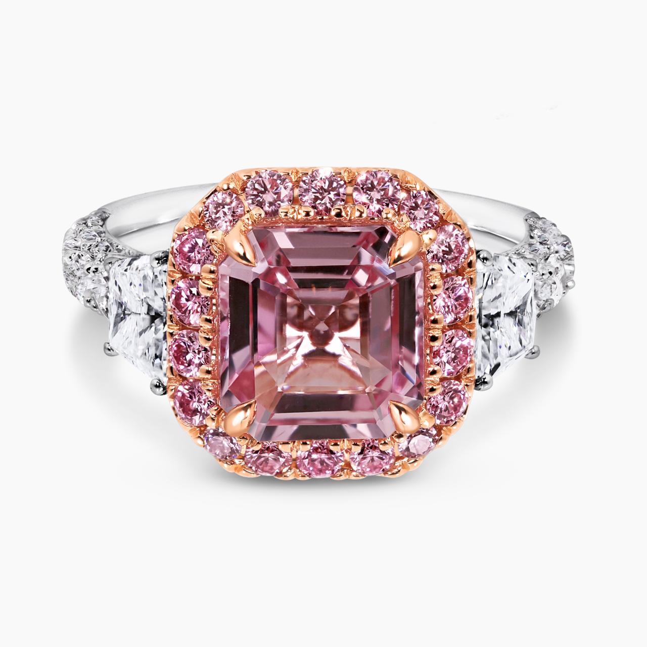 Platinum and 18ct rose gold 3.18ct octagonal step cut natural pink Madagascan Padparadscha unheated sapphire and Argyle Pink diamond ring