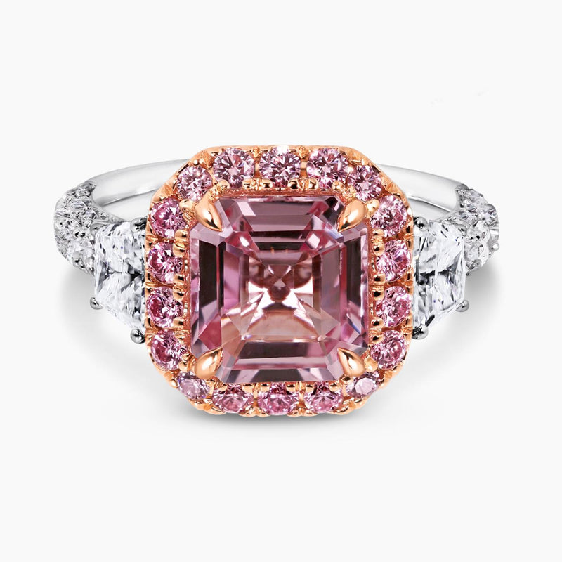 Platinum and 18ct rose gold octagonal step cut natural pink Madagascan Padparadscha unheated sapphire and Argyle Pink diamond ring