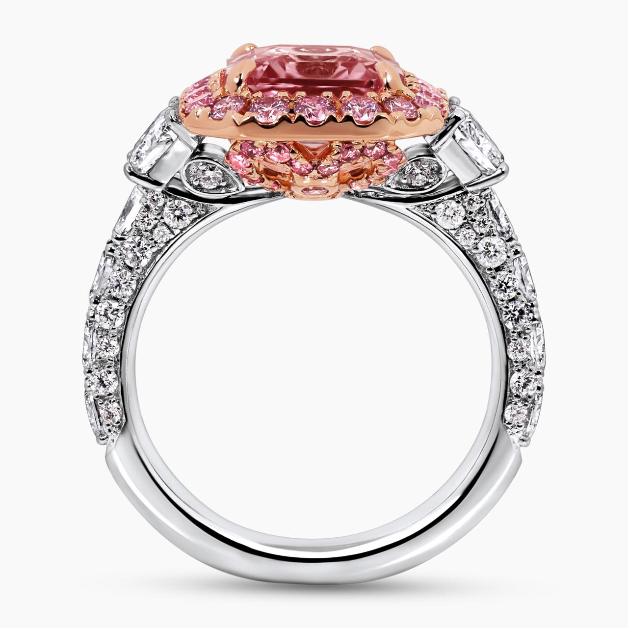 Platinum and 18ct rose gold 3.18ct octagonal step cut natural pink Madagascan Padparadscha unheated sapphire and Argyle Pink diamond ring