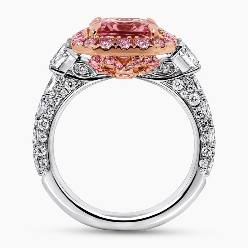Platinum and 18ct rose gold octagonal step cut natural pink Madagascan Padparadscha unheated sapphire and Argyle Pink diamond ring side profile