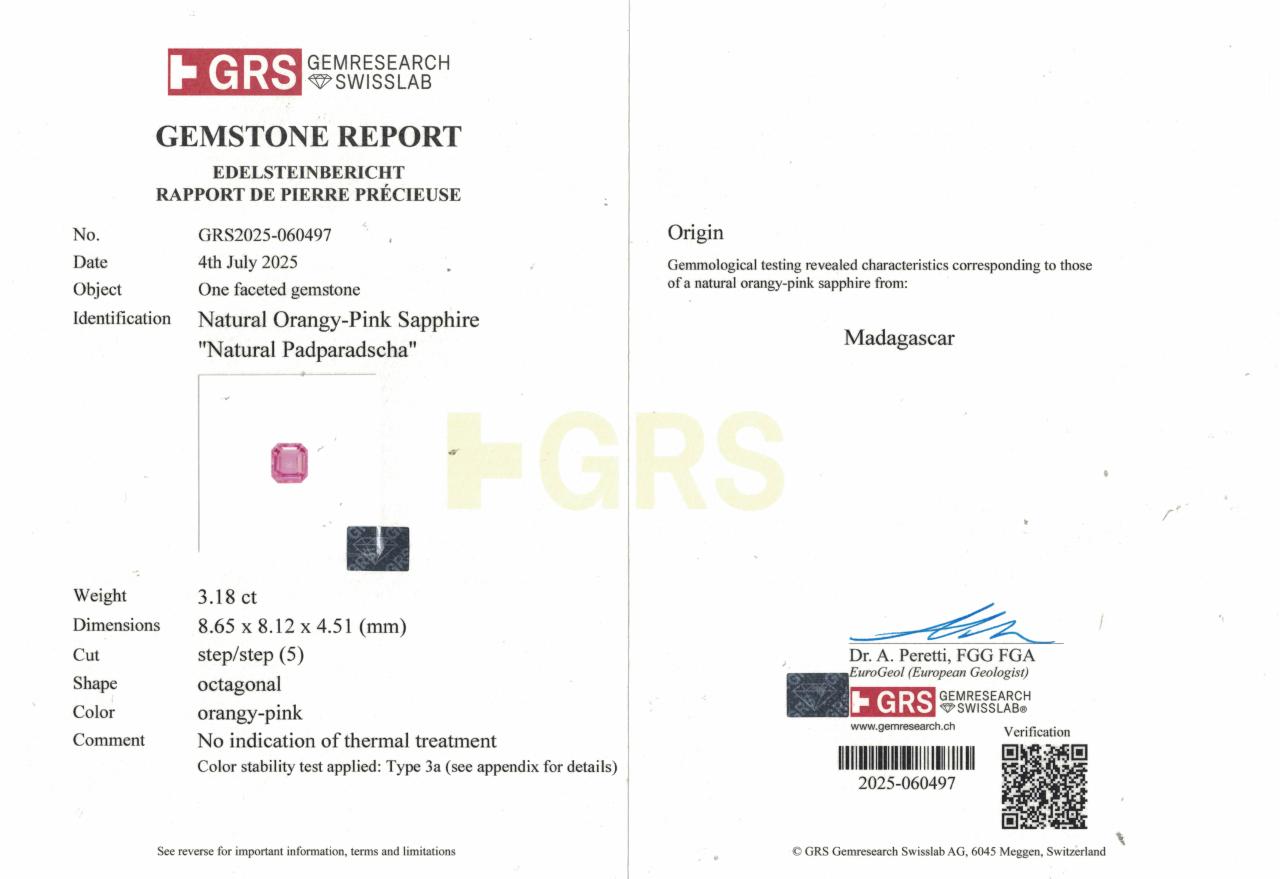 Platinum and 18ct rose gold 3.18ct octagonal step cut natural pink Madagascan Padparadscha unheated sapphire and Argyle Pink diamond ring