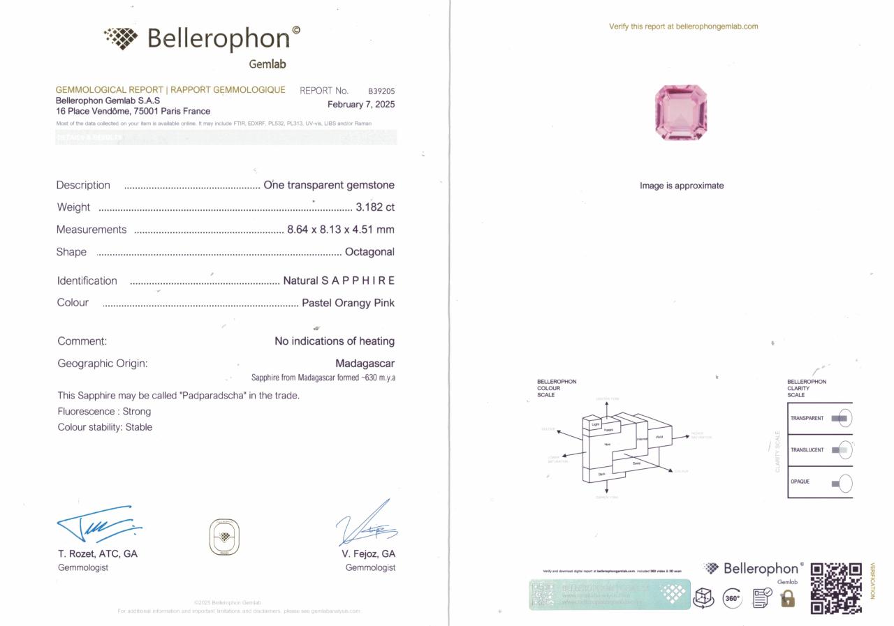 Platinum and 18ct rose gold 3.18ct octagonal step cut natural pink Madagascan Padparadscha unheated sapphire and Argyle Pink diamond ring