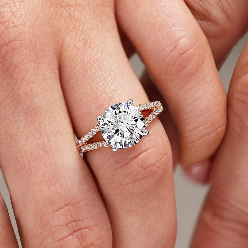 18ct rose and white gold 3.15ct round brilliant cut diamond split band ring on finger