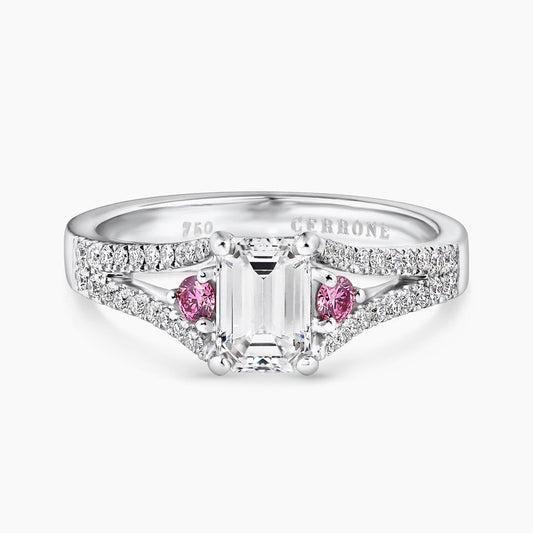18ct white gold 0.82ct emerald cut diamond ring featuring round brilliant cut pink diamonds
