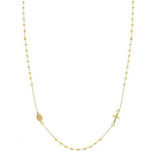 18ct yellow gold cross and "Miraculous" medallion rosary beads necklace