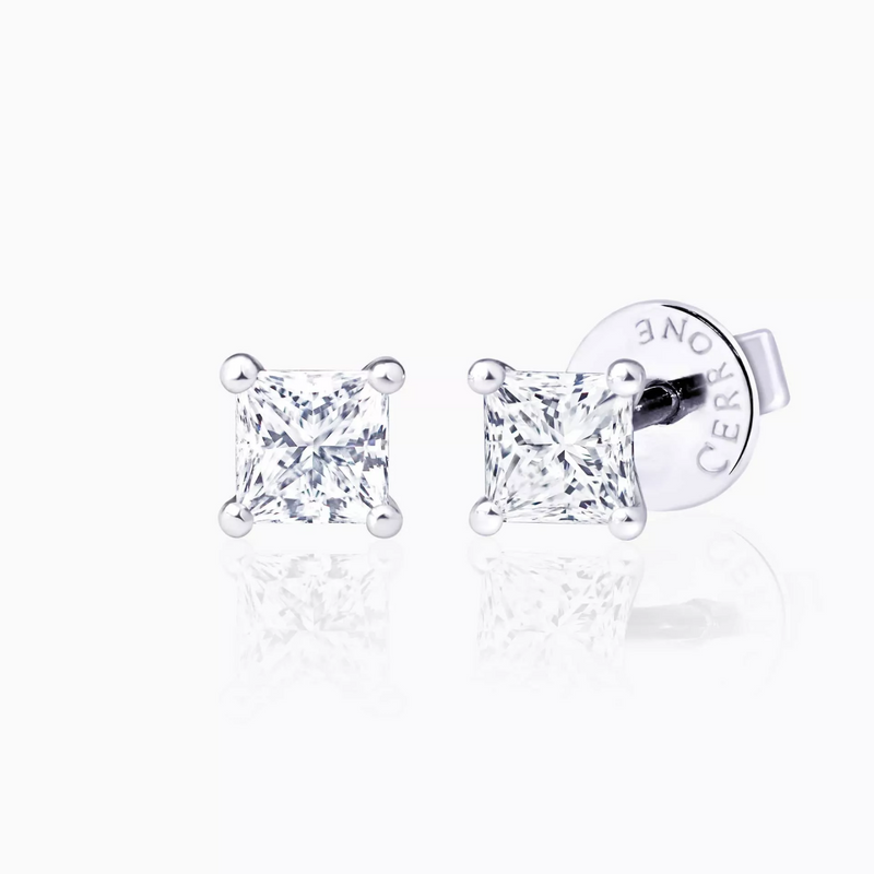18ct white gold 2=1.01ct princess cut diamonds solitaire stud earrings