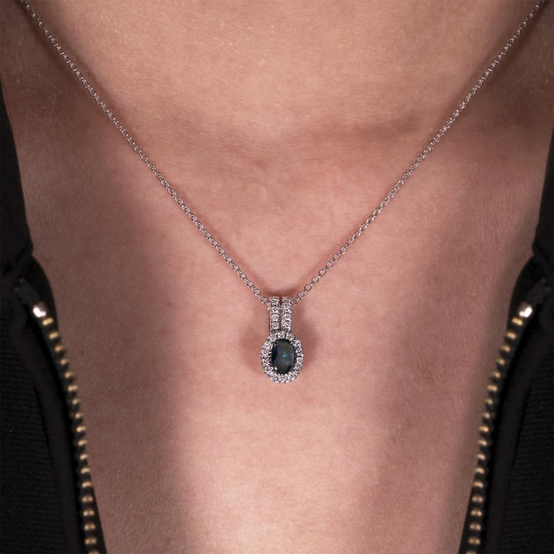 18ct White Gold 0.52ct Sapphire and diamond Necklace on neck