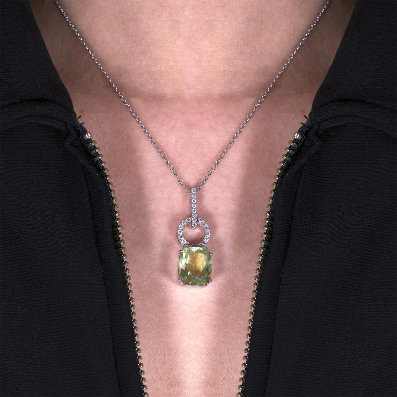 18ct white gold cushion cut lemon quartz and diamond necklace on the neck