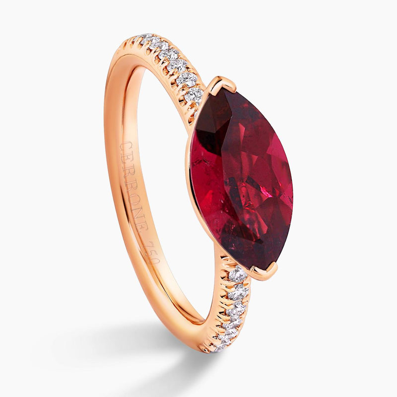 18ct rose gold marquise Rubellite tourmaline and diamond ring side view