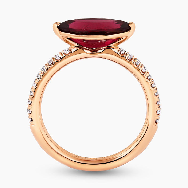 18ct rose gold marquise Rubellite tourmaline and diamond ring side profile