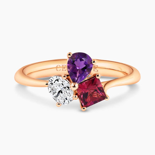 18ct rose gold diamond, tourmaline and amethyst ring