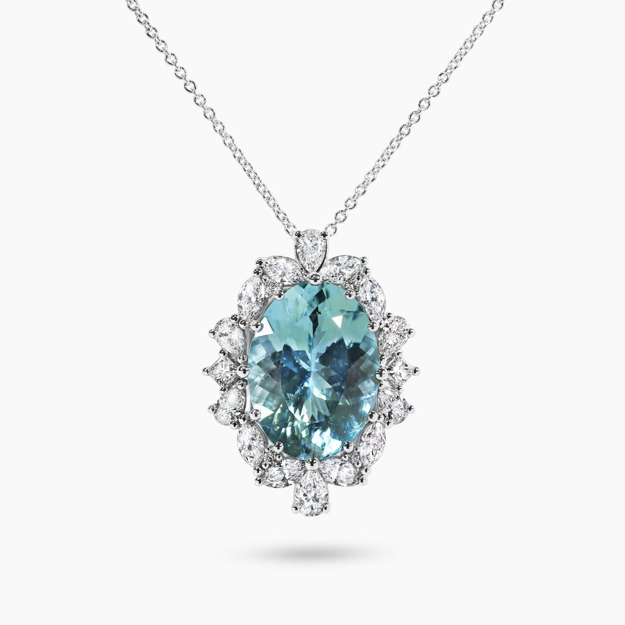 18ct white gold 10.76ct oval aquamarine and diamond pendant on 18ct white gold chain