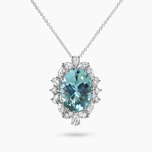 18ct white gold 10.76ct oval aquamarine and diamond pendant on 18ct white gold chain