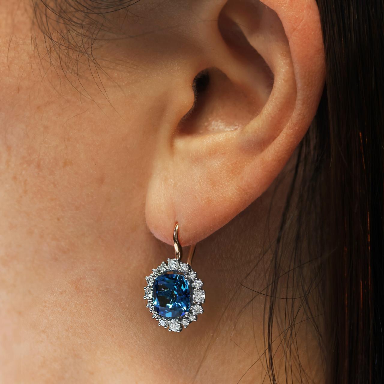 18ct rose and white gold 2=6.80ct cushion cut Swiss blue topaz and diamond shepards hook drop earrings