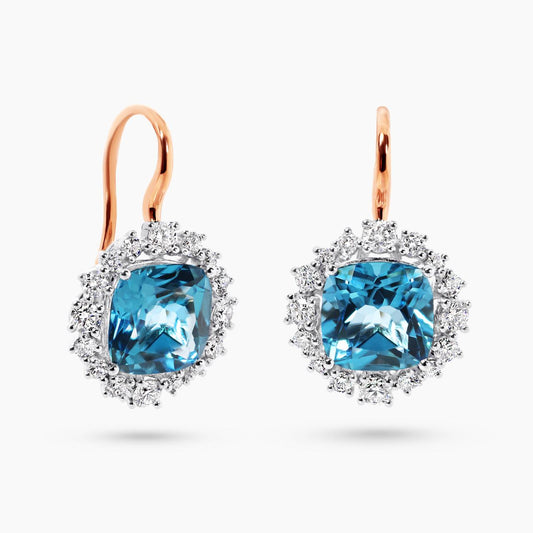 18ct rose and white gold 2=6.80ct cushion cut Swiss blue topaz and diamond shepards hook drop earrings