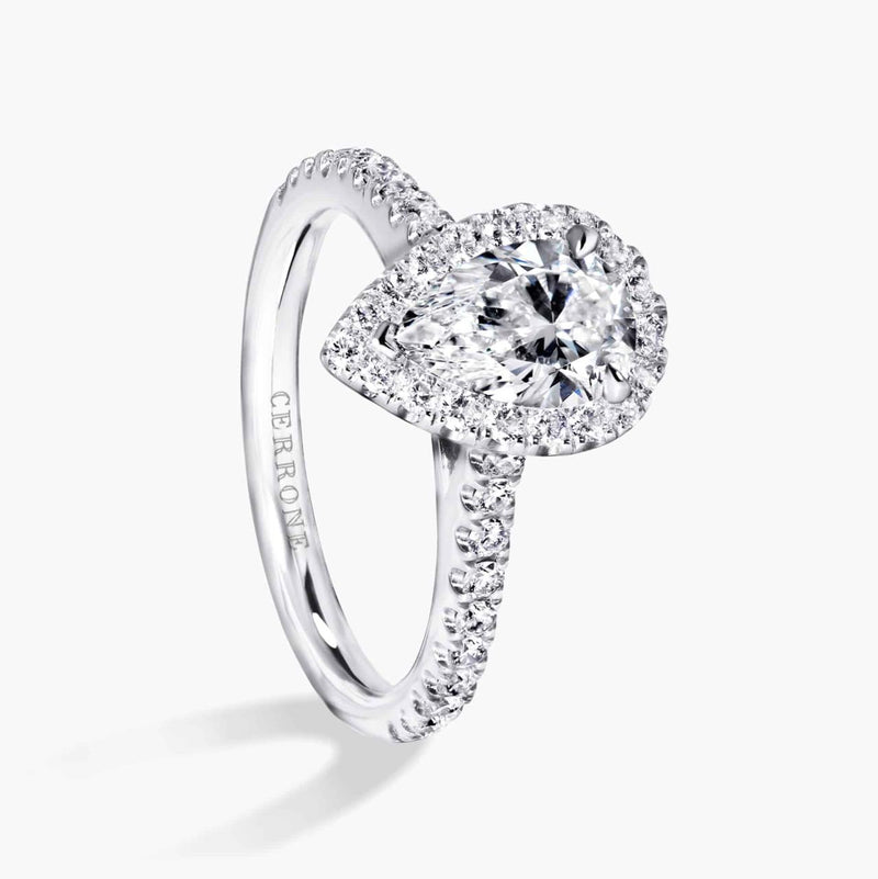 18ct white gold pear and round brilliant cut diamond halo ring side view