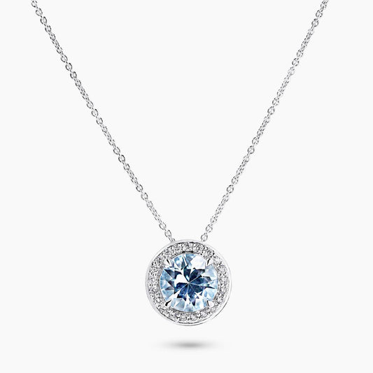 18ct white gold 1.40ct round Santa Maria aquamarine and diamond claw set necklace