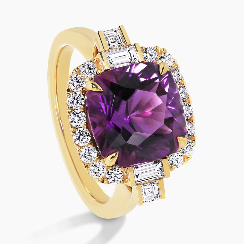 18ct yellow gold Asscher cut amethyst and diamond claw set  ring on the side