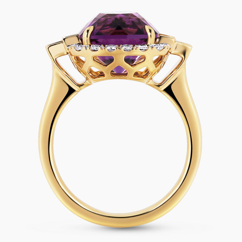 18ct yellow gold Asscher cut amethyst and diamond claw set  ring side view