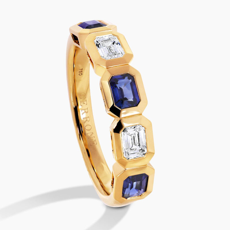 18ct yellow gold blue sapphire and diamond bezel set ring side view