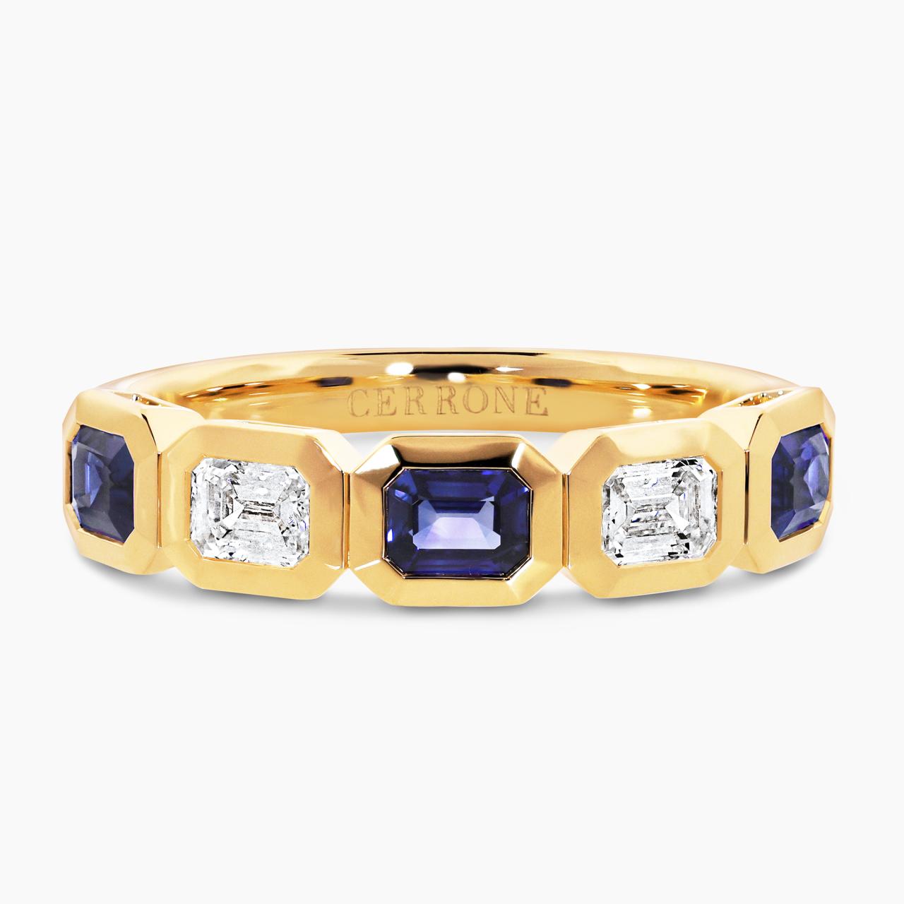 18ct yellow gold blue sapphire and diamond bezel set ring
