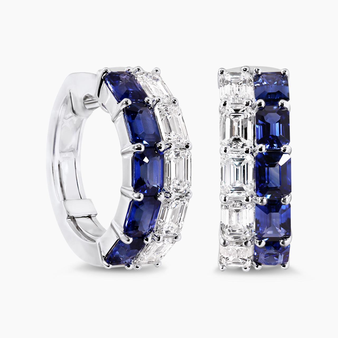 18ct white gold emerald cut blue sapphire and diamond claw set hoop earrings