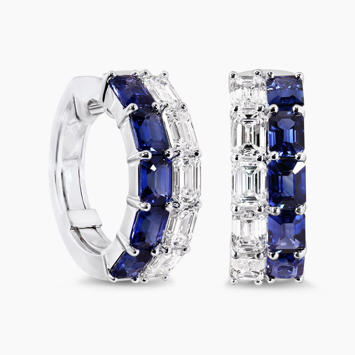 18ct white gold emerald cut blue sapphire and diamond claw set hoop earrings