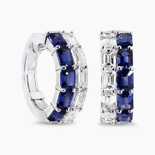 18ct white gold emerald cut blue sapphire and diamond claw set hoop earrings