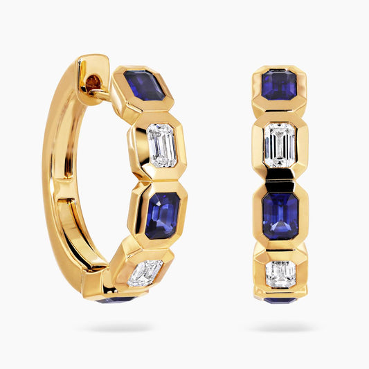 18ct yellow gold 6=1.44ct emerald cut blue sapphire and 4=0.73ct emerald cut diamond hoop earrings