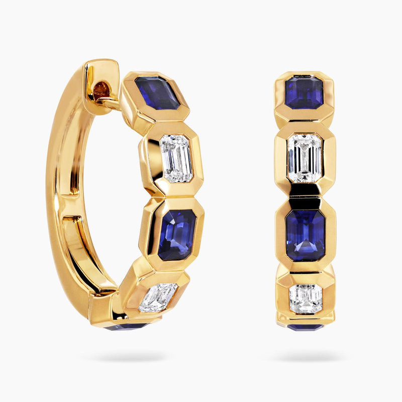 18ct yellow gold emerald cut blue sapphire and emerald cut diamond hoop earrings